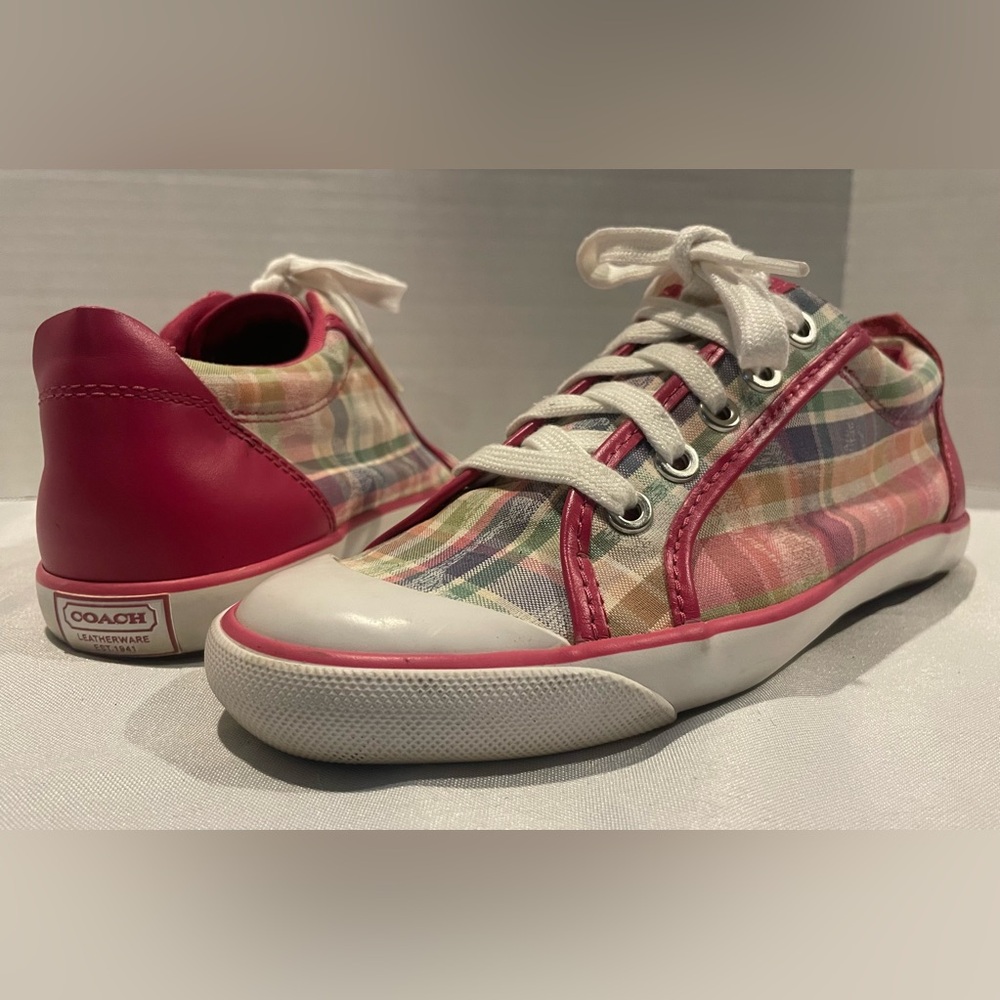 COACH Barrett Sneakers Pink Poppy Beach Plaid Signature Logo Sneakers Womens 8.5